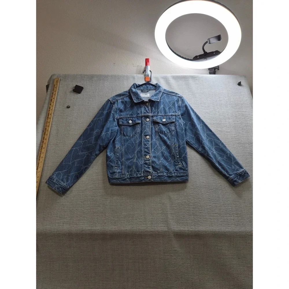 Old Navy Trucker Jacket Girls XL (14-16) Blue Allover Heart Print Button Front